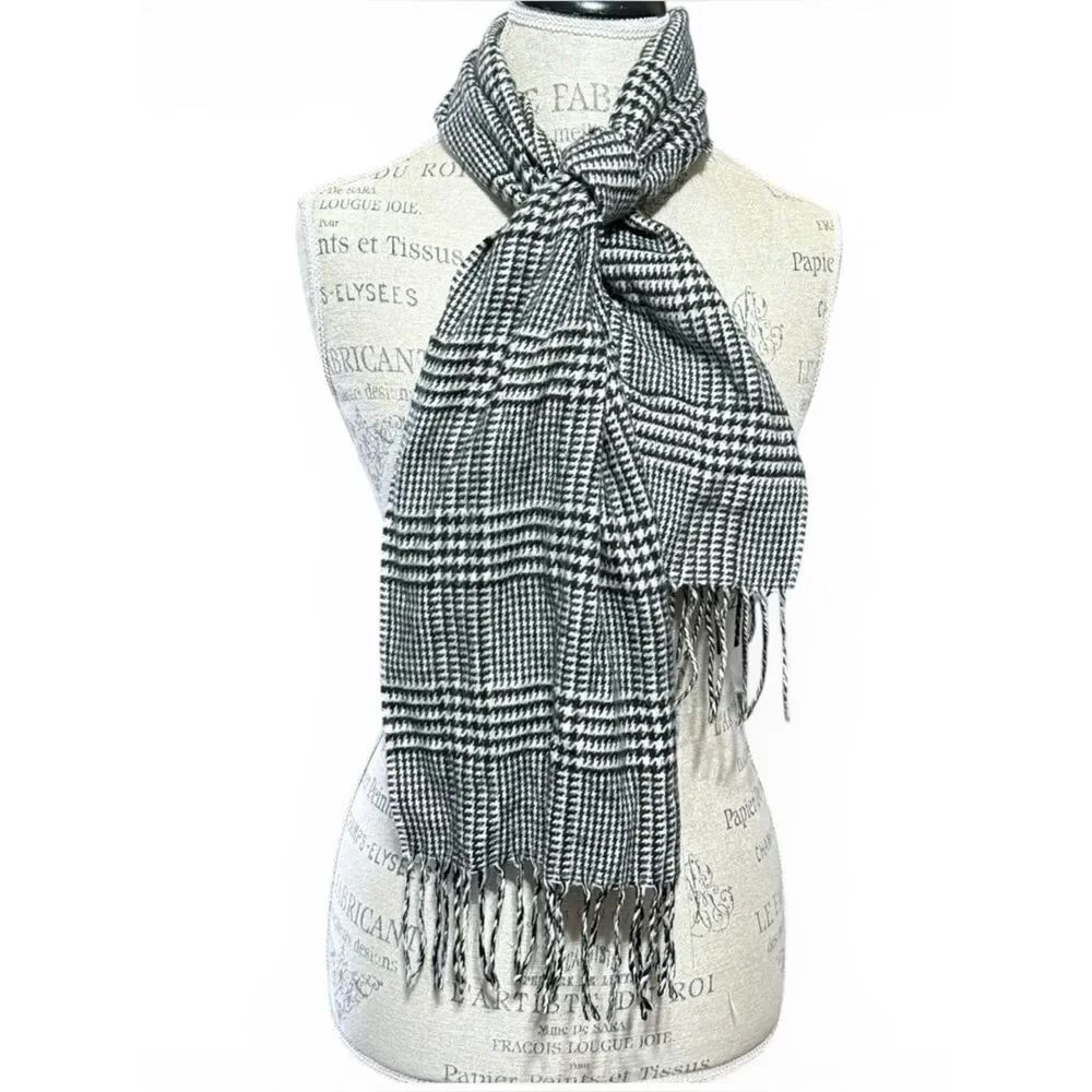 Vintage VFAAS Cashmink Scarf Black White Prince of Wales Tartan Plaid Pattern